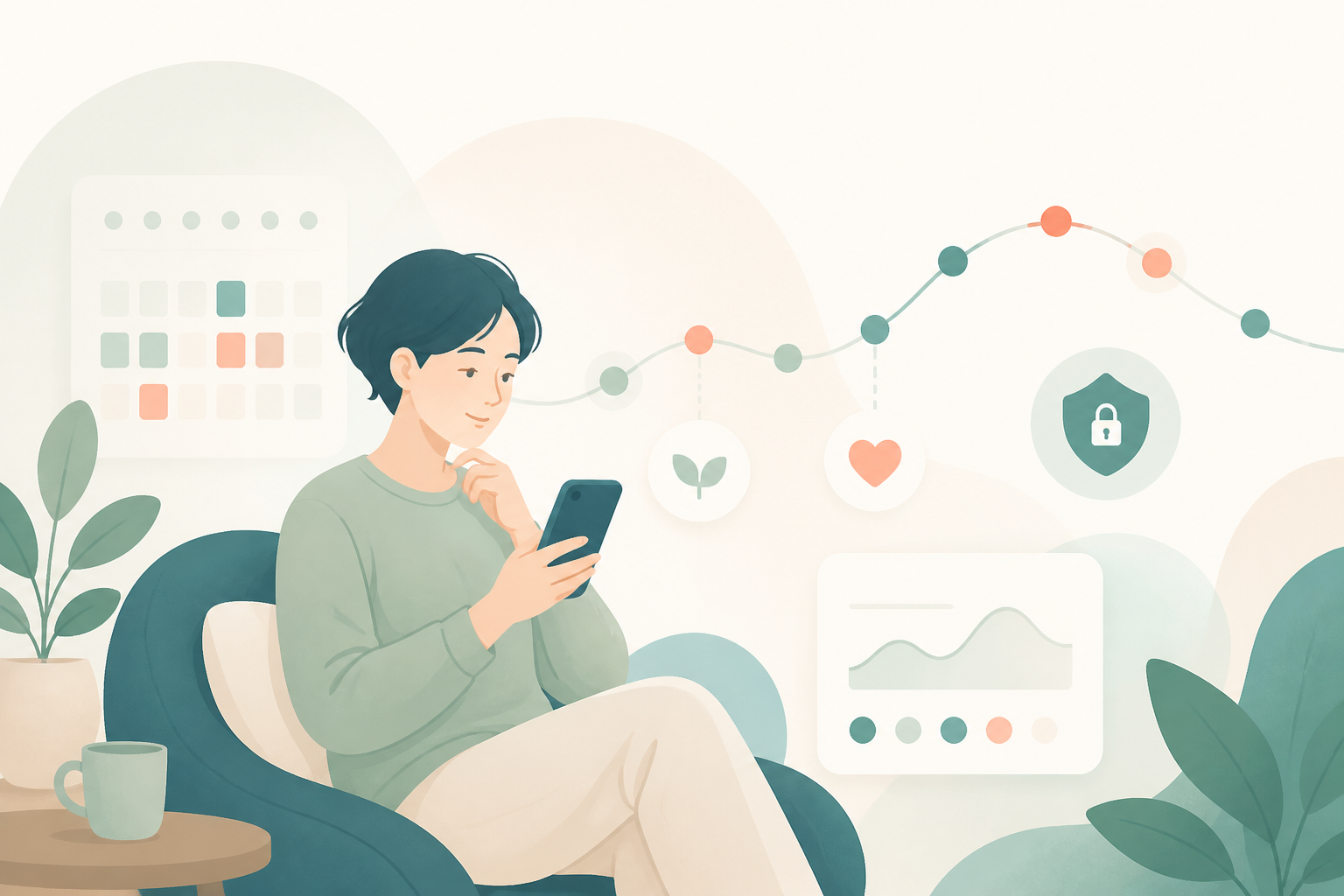 スマートフォンで自分の変化を振り返る人のイラスト